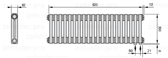 Схема (чертеж) Радиатор Zehnder Charleston 2030/20 №5510 Белый глянцевый RAL 9016